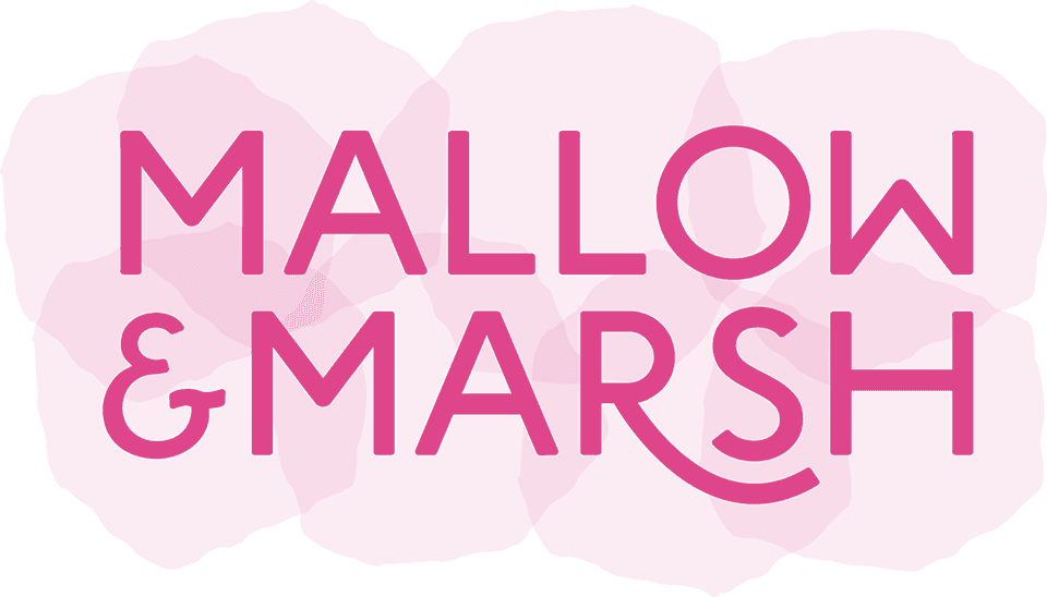 Mallow and Marsh logo, red on pink